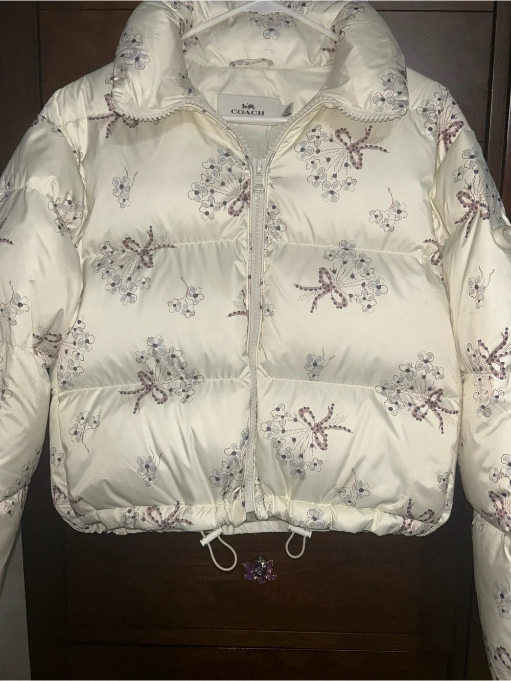 NWOT! Coach Off- White Floral Bow Print Puffer Jacket with Hood size S